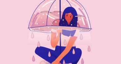 Anxiety A girl sitting in rain with umbrella illustration . how to talk to and be supportive of anxious friends.