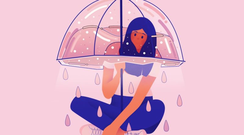 Anxiety A girl sitting in rain with umbrella illustration . how to talk to and be supportive of anxious friends.